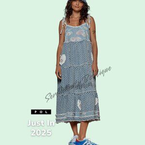 POL Brand New Release Bohemian Farm Girl Denim Tiered Patchwork Maxi Jean Dress